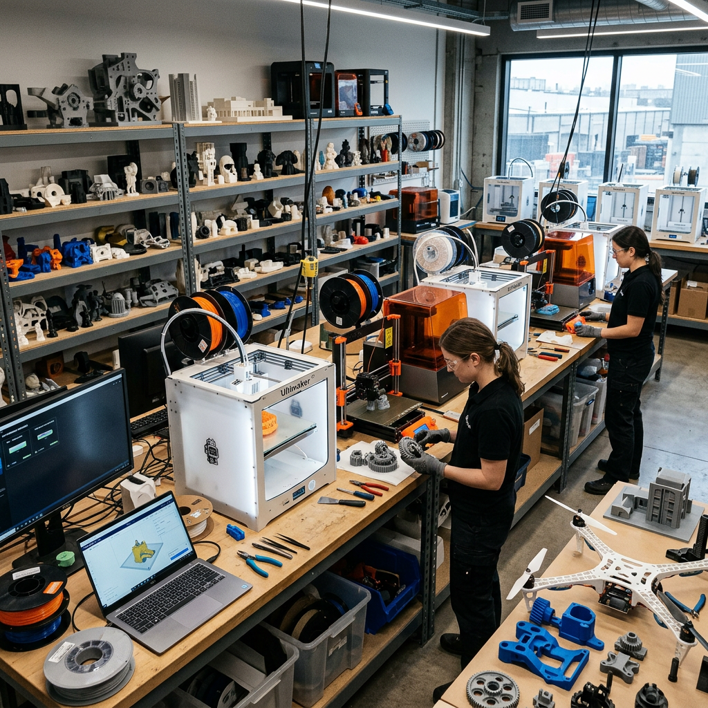 Two technicians working among 3D printers, prototypes, tools, and filament spools