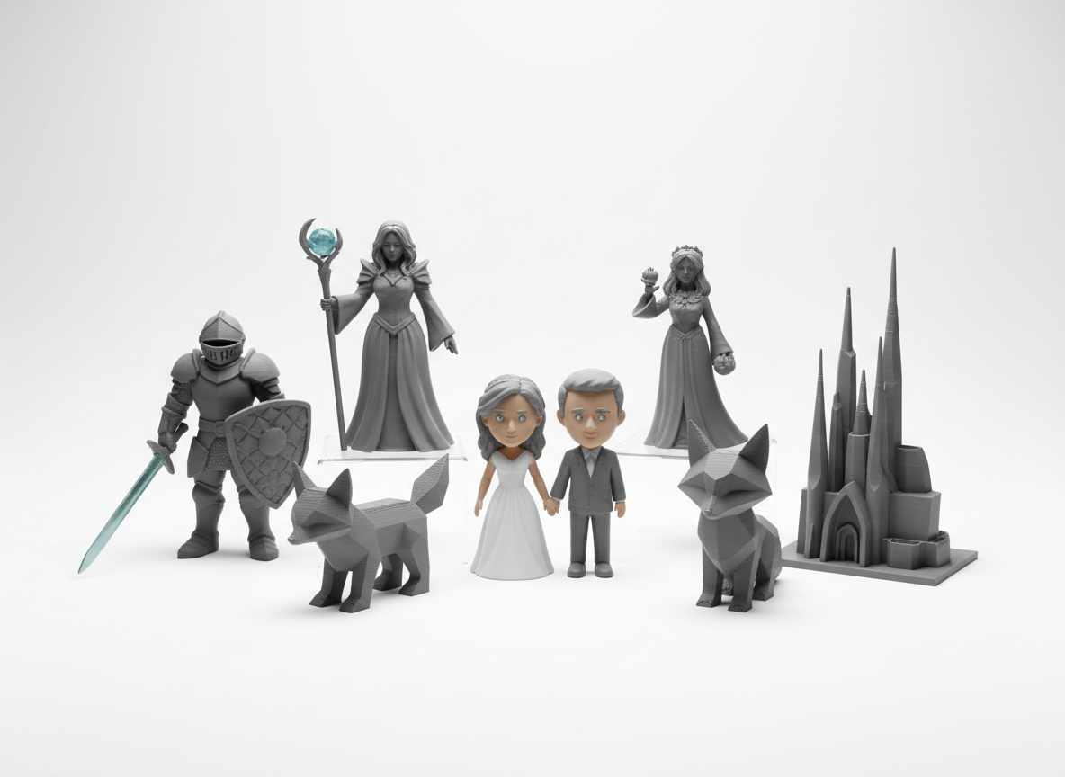 Professional product photography of custom 3D printed figurines on a clean white background. Various detailed miniature figures including fantasy characters, personalized statues, and decorative models. Soft studio lighting highlighting the intricate details of the 3D printed surfaces. Modern, premium feel.