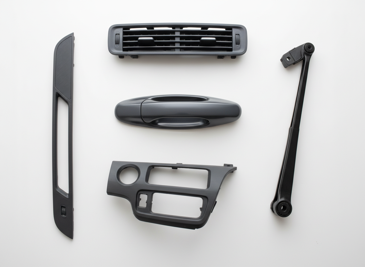 A flat lay product photo of separate 3D printed car parts arranged on a clean white surface. Each part is shown individually: a realistic car door handle with smooth matte finish, a door frame trim piece, a dashboard plastic panel fragment, a windshield wiper arm, and an air vent grille. The parts look like high-quality finished 3D printed objects with smooth surfaces, no visible print layers, clean professional finish. Photorealistic, studio lighting, no text, no labels.